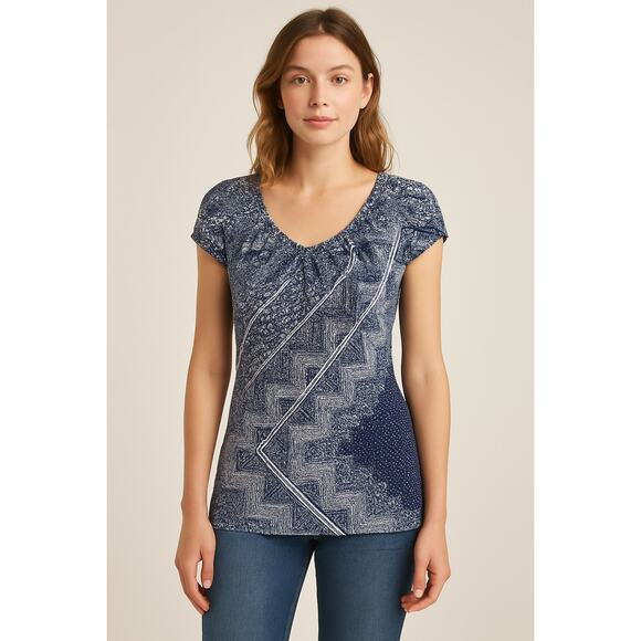 Deletta Anthropologie Blue White Geometric Cap Sleeve Blouse Medium Boho Fall - Picture 1 of 6